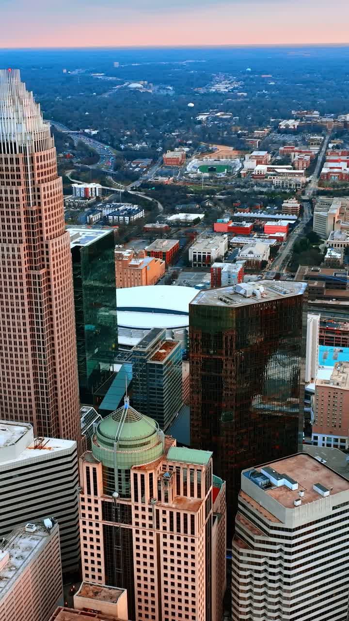 Bellissimi grattacieli nella zona centrale della città americana di Charlotte, NC. Vasto paesaggio urbano con molta vegetazione sullo sfondo. Video verticale.