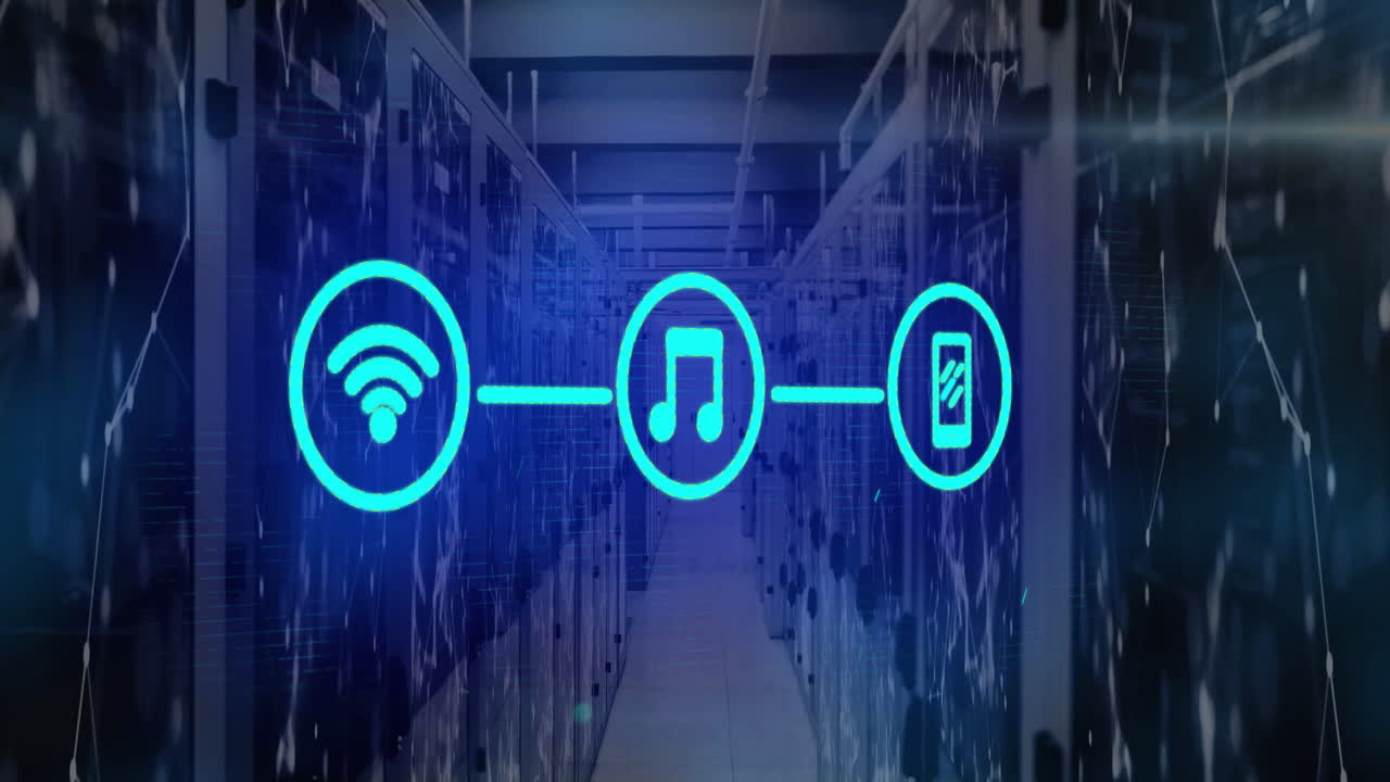 Connecting Wi-Fi, music, and smartphone icons in animation over data center backdrop