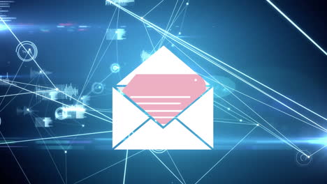 animation of social media email envelope icon over network of connections