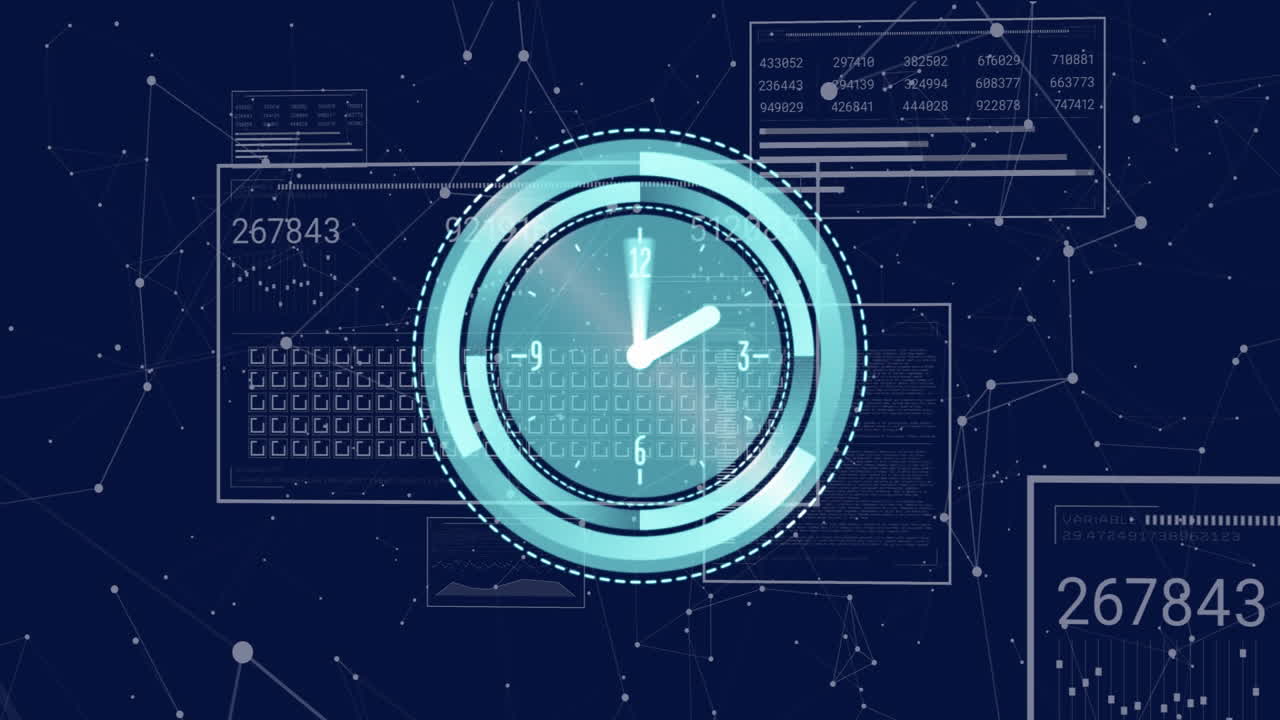 Clock animation over digital data and network connections on dark background