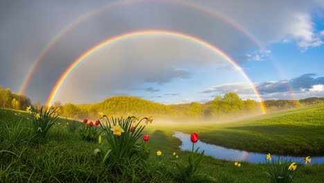 a breathtaking landscape displaying a vibrant rainbow arching over a serene meadow with colorful tulips and daffodils amidst a misty atmosphere