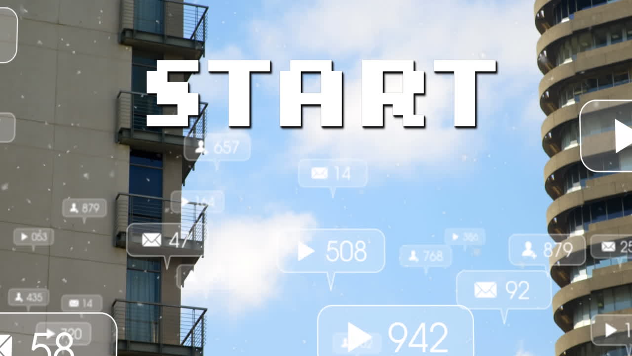 시내 풍경 위에서 성장하는 시작 텍스트와 숫자의 애니메이션