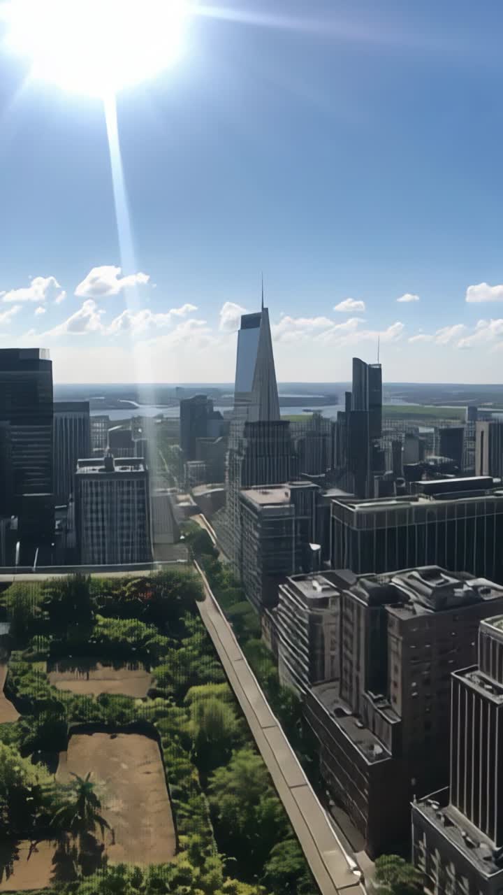 Vertical video: Opening view panning across city skyline showing spire-topped skyscraper with flare