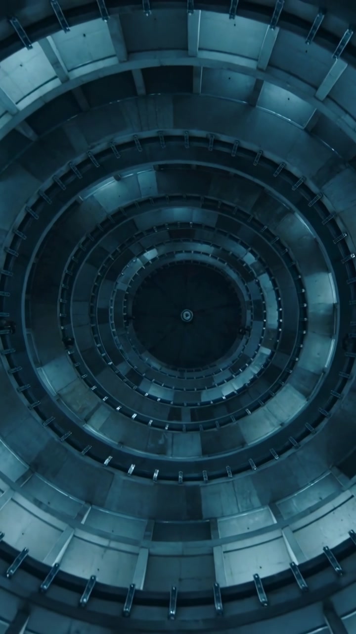 Vertical video: Tilting camera revealing atrium interior, exposing concentric guardrails and rings