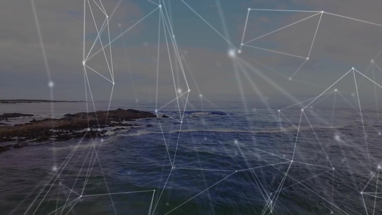 On playback mesh starting, nodes drifting, pulsing, beams sweeping over seascape to visualize data