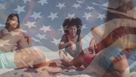 Animation-Der-Flagge-Der-USA-über-Glückliche,-Vielfältige-Freunde-Am-Strand