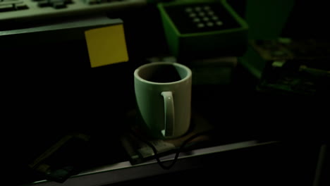 a cup of coffee placed next to an old telephone on a dimly lit desk