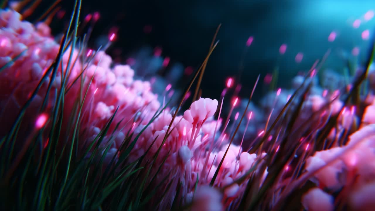 A Vibrant Close-Up of Lush Textured Flora Illuminated by Ethereal Lights, Capturing the Essence of a Surreal Environment Filled with Colorful Radiance and Enchanting Details