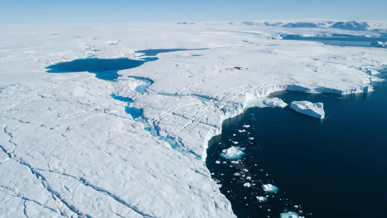 Vista aerea di un vasto ghiacciaio e di acqua di disgelo che scorre nell'oceano