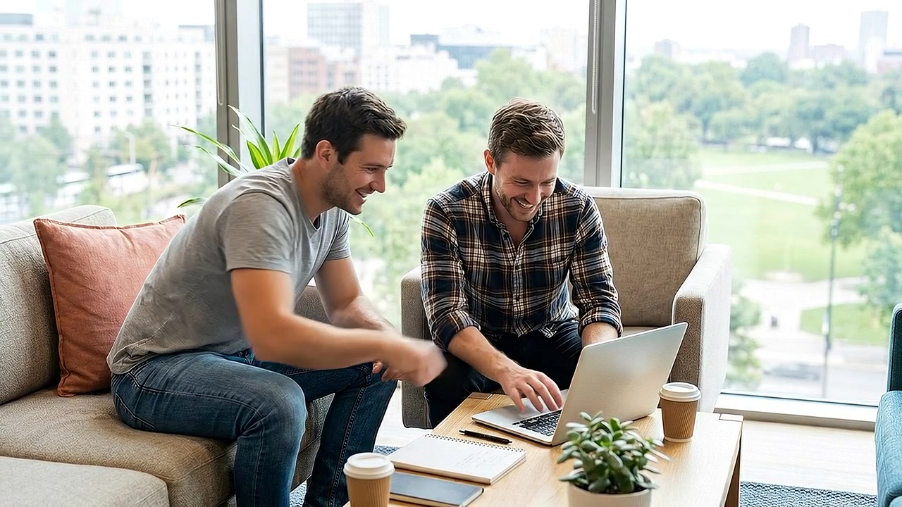 Two Men Collaborating on a Laptop in a Modern Office