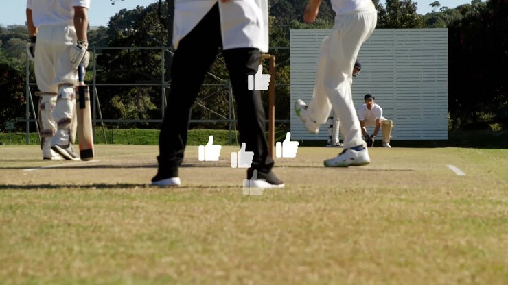 Sul campo, giocatori di cricket con un'animazione di icone "pollice in su" sovrapposta alla scena.
