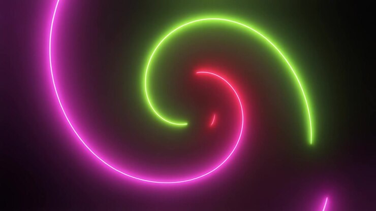 Linhas Espirais Rosa Neon e Verdes Girando em Fundo Preto