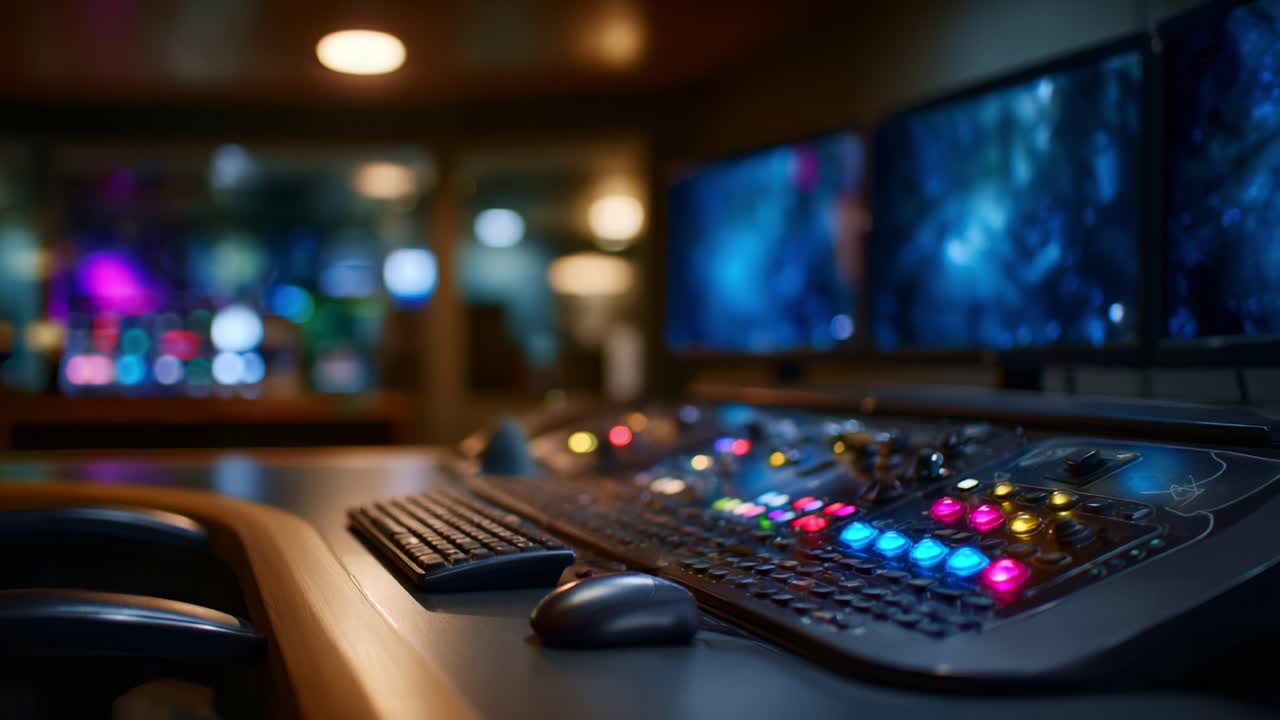 A High-Tech Control Panel Featuring Colorful Buttons and Monitors in a Modern Control Room, Ideal for Broadcasting and Multimedia Management Applications