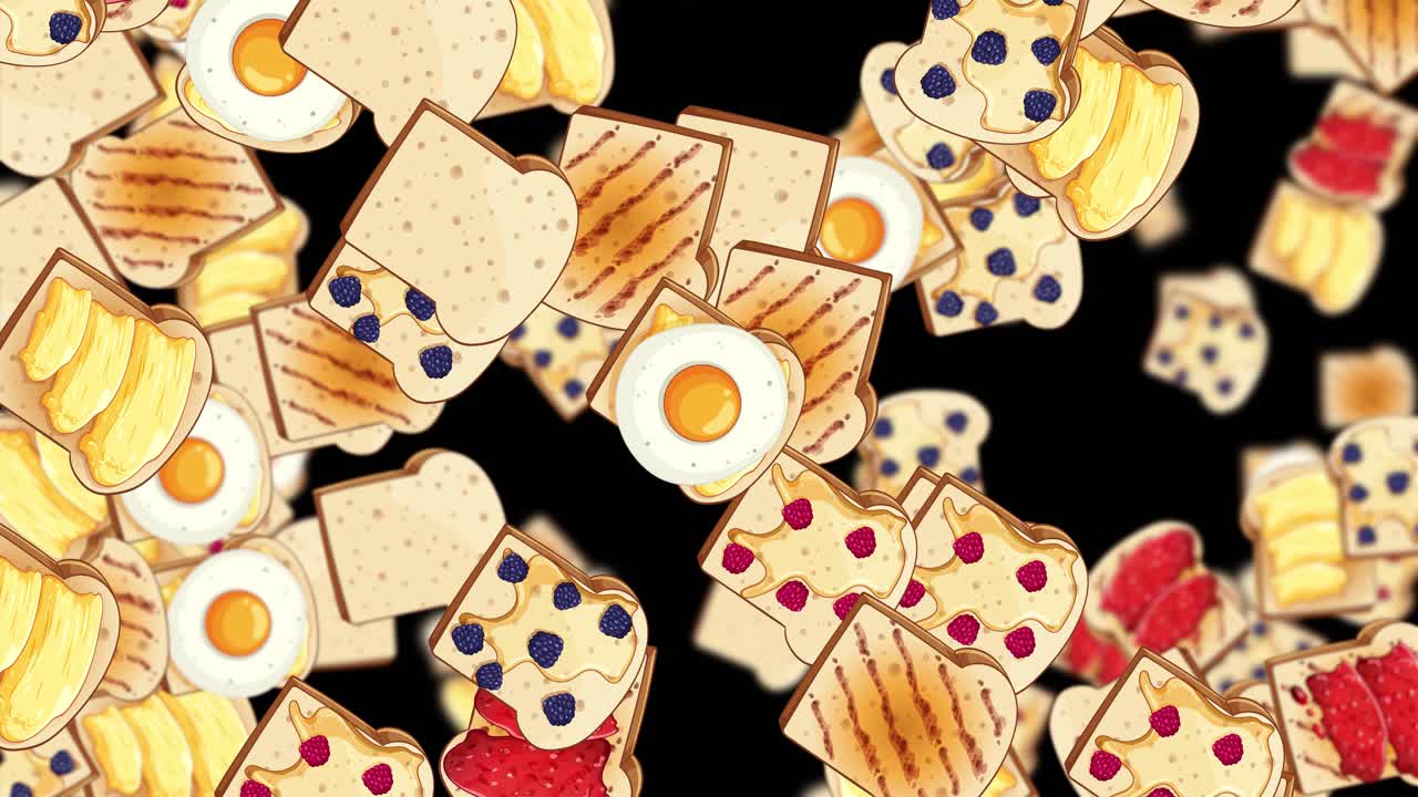 Looping animation of illustrated breakfast bread slices raining downward with playful floating motion on black