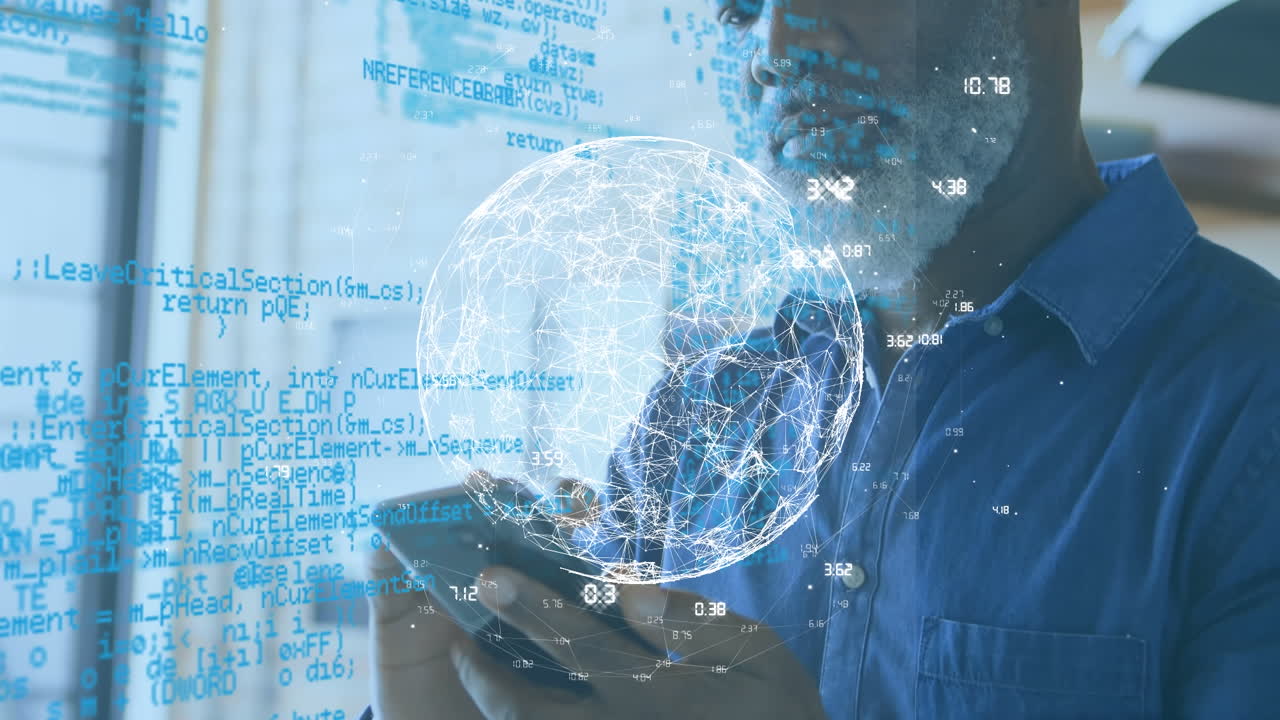 Animation of data and connections over hands of senior african american man using smartphone