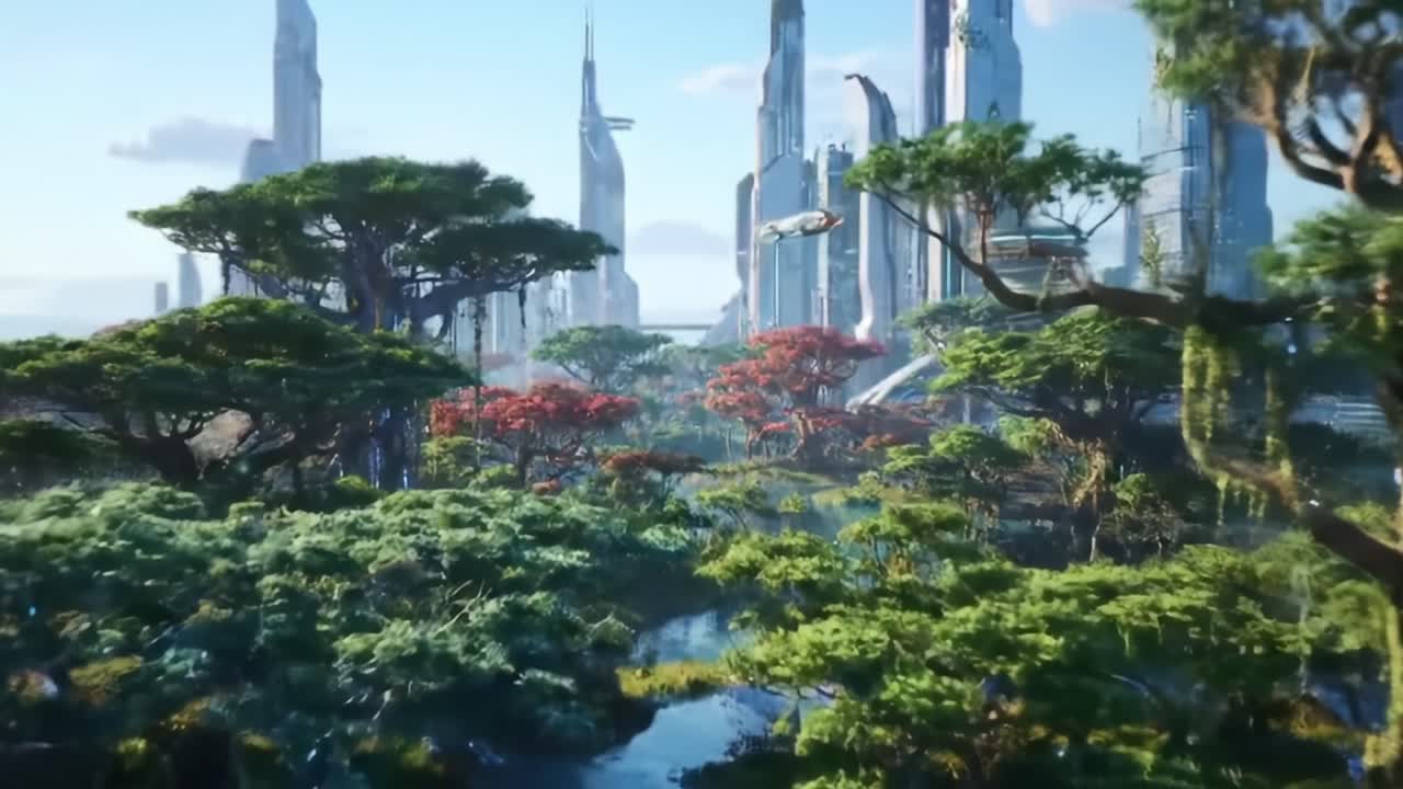 A futuristic landscape merges advanced architecture with lush greenery, showcasing a vibrant ecosystem thriving amidst towering skyscrapers and innovative technology