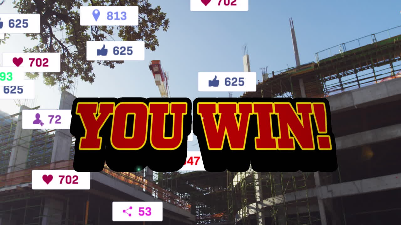 도시 건설 현장에서 소셜 미디어 알림과 함께 빨간색으로 텍스트를 이기는 애니메이션