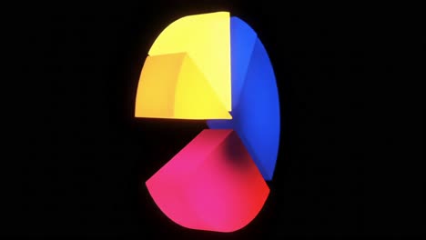 a vibrant display of geometric shapes in motion: an animated visualization of colorful segments gradually transitioning from bright yellow to deep blue and pink