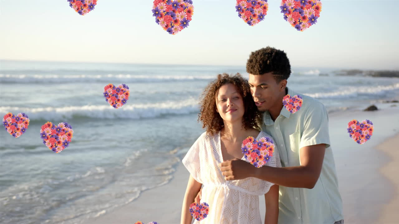 여름에 해변에서 사랑에 빠진 다양한 커플을 가로질러 움직이는 마음의 애니메이션