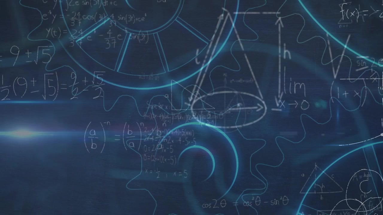Animation of mathematical equations over cogs on black background