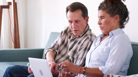 pareja mayor sentada en el sofá en casa usando una computadora portátil para comprar en línea