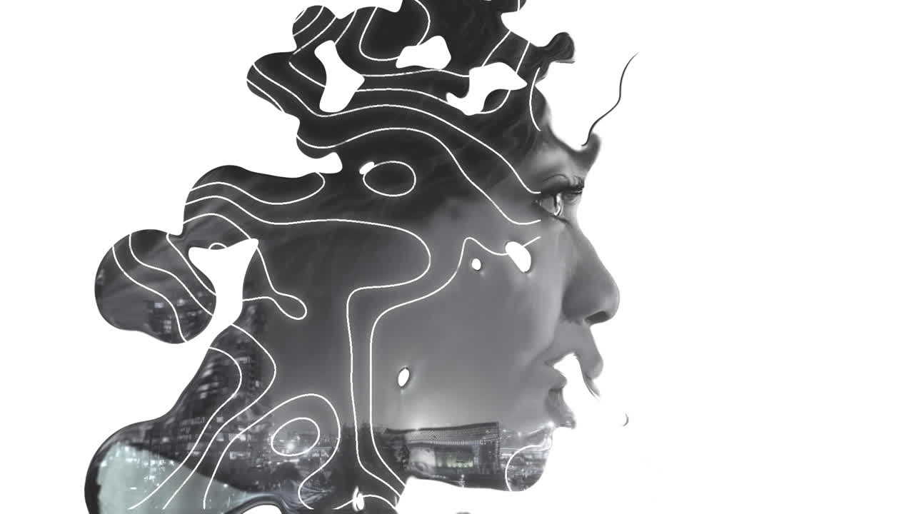 animación de una red de líneas sobre la cara de la mujer aislada en blanco