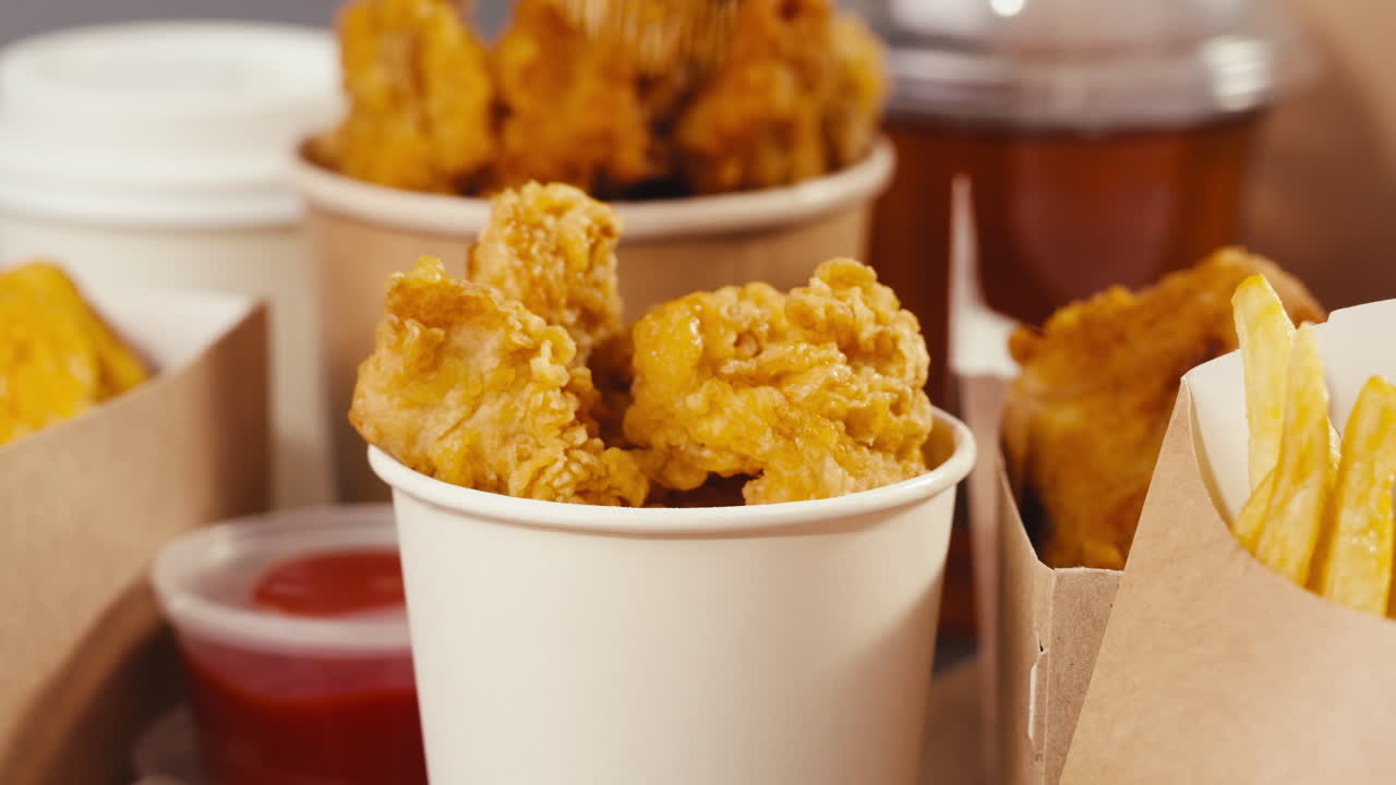 Hand picking fried chicken from a paper cup with fries