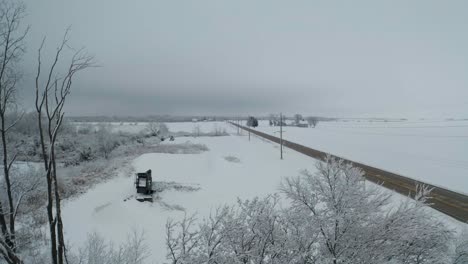 ascending from behind frosty trees revealing long road