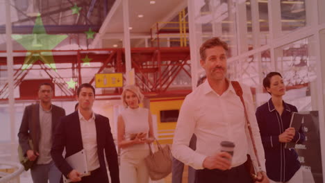 animation of diverse business colleagues walking through foyer over flag of china