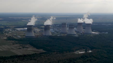 aerial drone tracking shot of a nuclear power plant in ukraine