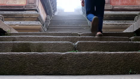 person ascending ancient stone steps into the mist