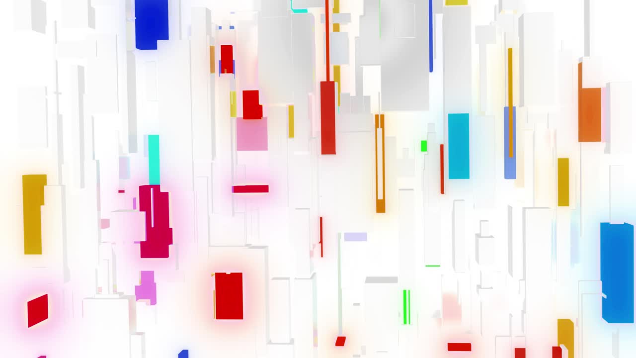 fondo de luz 4k en bucle abstracto con red de bloques blancos de diferentes tamaños, algunos con brillo multicolor. visualización de trabajar con big data o tecnología blockchain. vidrio mate blanco