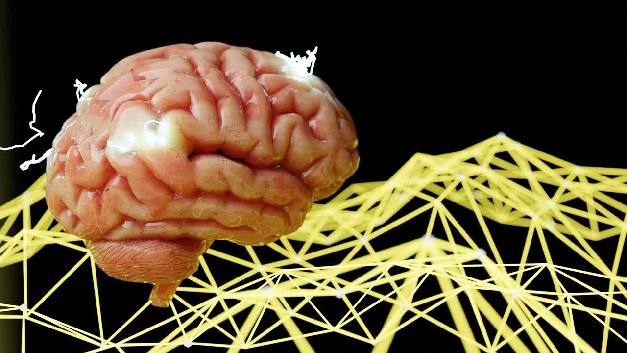 Human brain with neural electric sparks and yellow digital mesh network on black background. Artificial intelligence, neural networks, and cognitive science concept.
