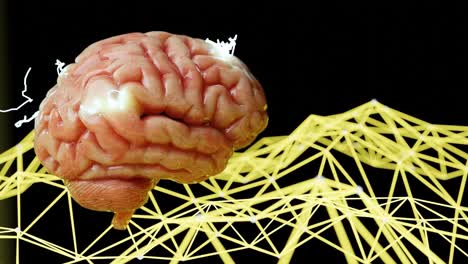 human brain with neural electric sparks and yellow digital mesh network on black background. artificial intelligence, neural networks, and cognitive science concept.