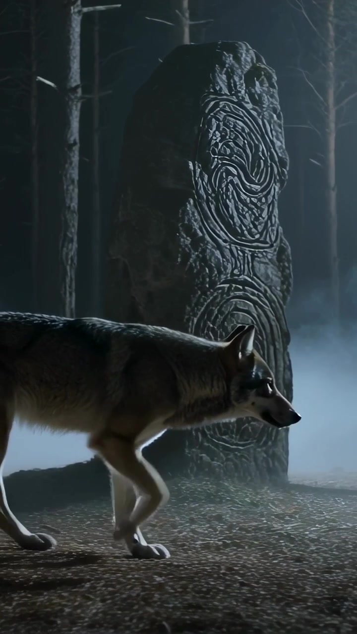 Vertical video: Walking adult wolf drawn by moonlight, crossing pine clearing, passing carved stone
