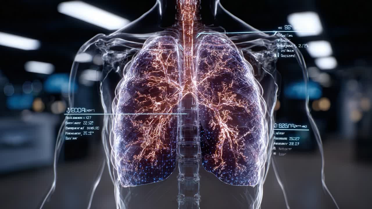 Visualizzazione Dettagliata dei Polmoni Umani che Mostra le Strutture Polmonari e le Statistiche Vitali in un Ambiente Medico Moderno