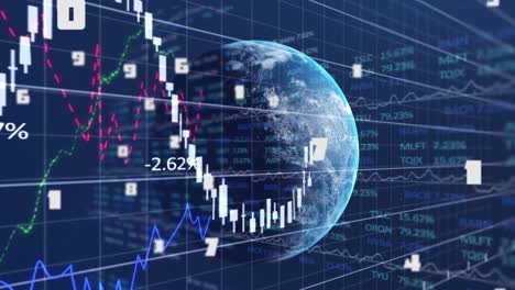 Animación-Del-Procesamiento-De-Datos-Financieros-Y-Globo-Terráqueo-En-Pantalla-Digital