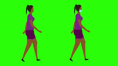 women walking cycle seamless loop , face mask version, green screen chroma key animation, flat design