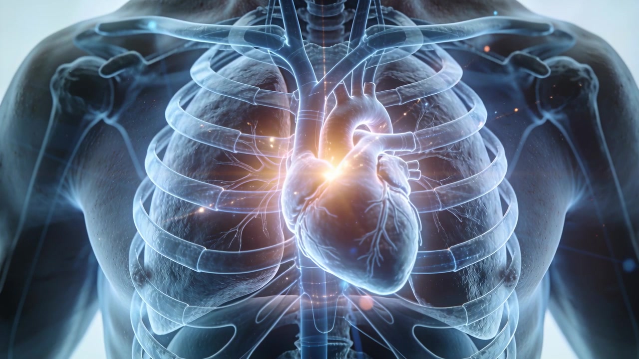 Cuore pulsante all'interno di un torace nudo dopo una luce intensa, che illumina vasi e costole a scopo didattico medico.