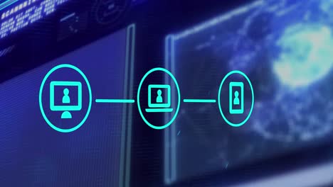 animation of network of digital icons and interface with data processing against blue background