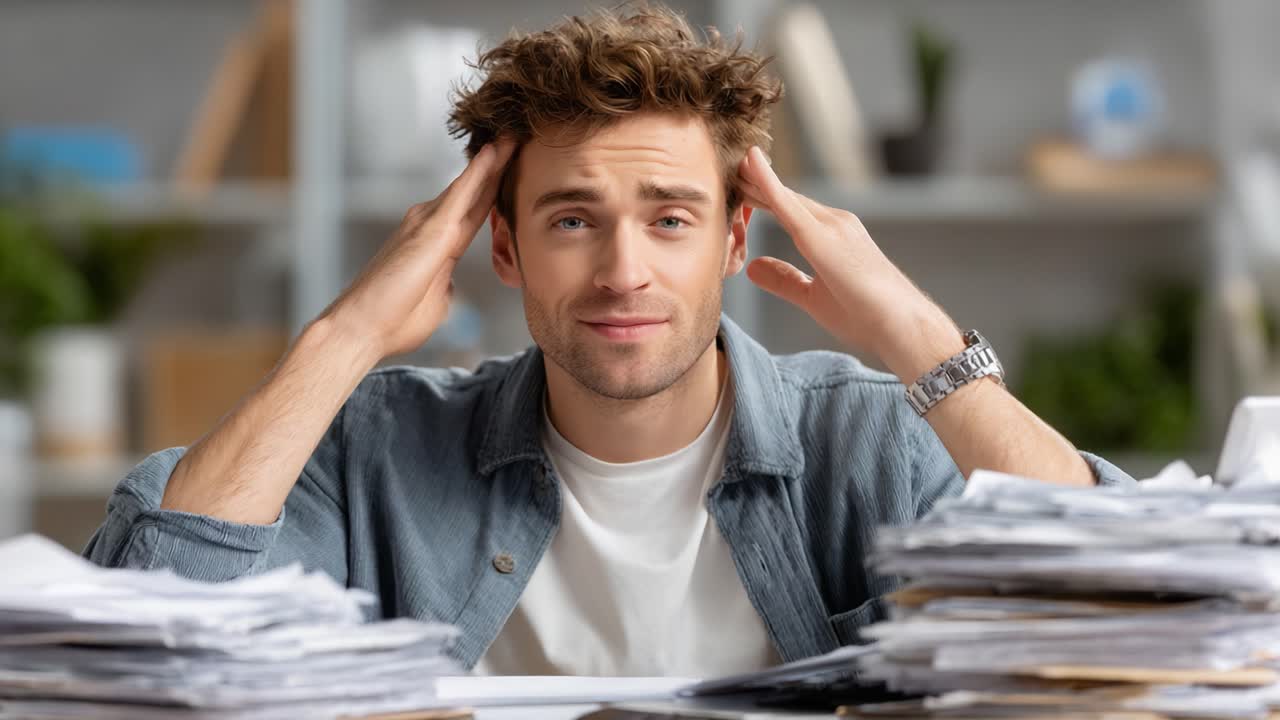 A Young Man Experiencing Frustration While Struggling with Overwhelming Paperwork at a Desk in a Home Office Setting, Capturing the Stress of Modern Life