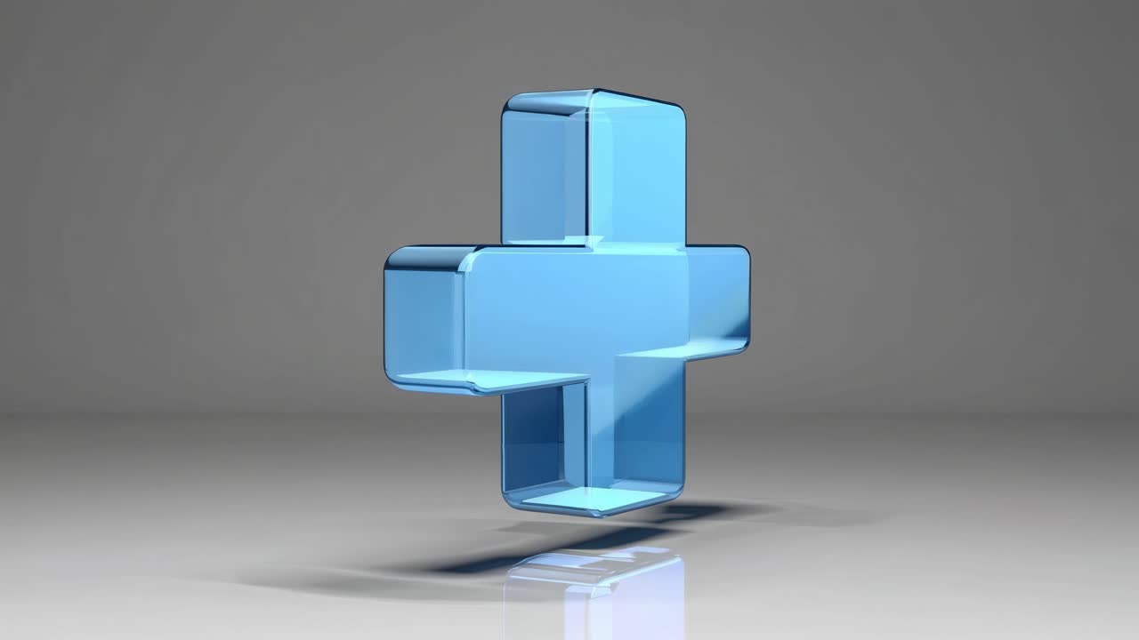 3d 렌더링 파란 유리 플러스 기호