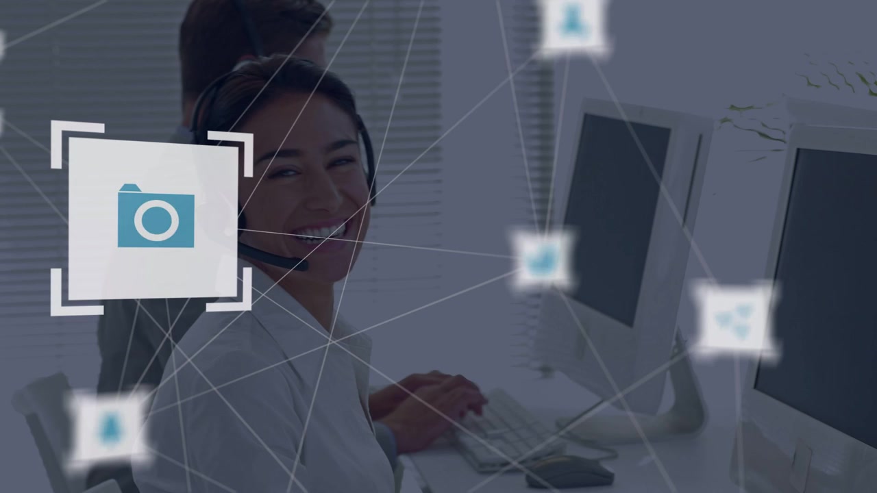 Support agents typing speaking, incoming alerts appearing as pulsing social icons linking to agents