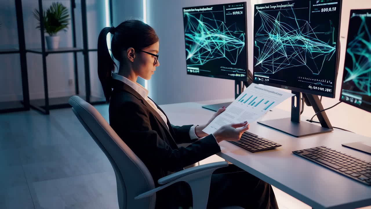 Businesswoman analyzing data in a modern office