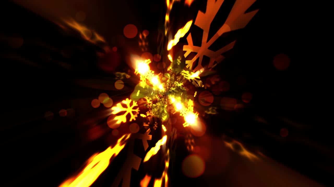 흑색 배경에 중앙 플레어와 보케 빛을 가진 아름다운 금색 반이는 스노우플레이크, 4k 3d 루프 크리스마스 배경, 축제, 추수감사절, 메리 크리스마스, 새해 타이틀, 인트로 페스티벌, 장식, 축하.