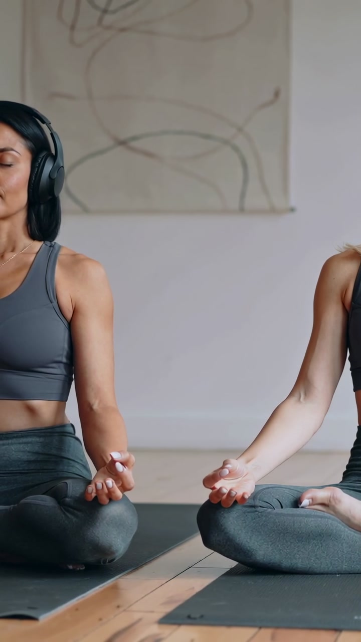 Vertical video: Sitting two women meditating on mats in studio, in activewear and headsets for calm