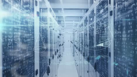 animation of data processing and mathematical equations over server room