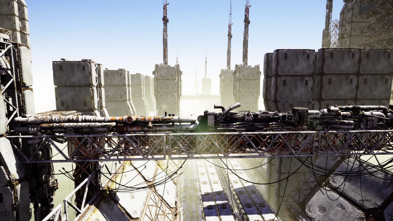 Paesaggio industriale futuristico con strutture imponenti e dettagli complessi
