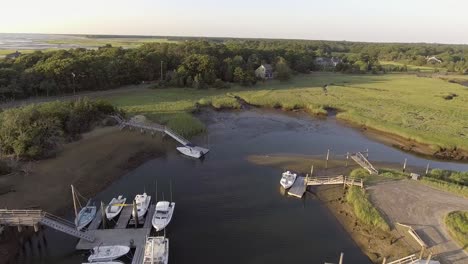 drone view of boats at rock harbor in cape cod massachusetts