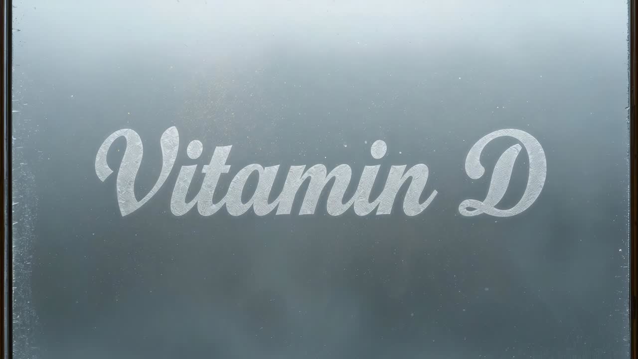 Startsekvens som visar vit kursiv Vitamin D centrerad på frostat glas, vilket avslöjar dammpartiklar